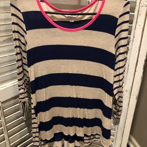 Navy, white and pink long-sleeved blouse